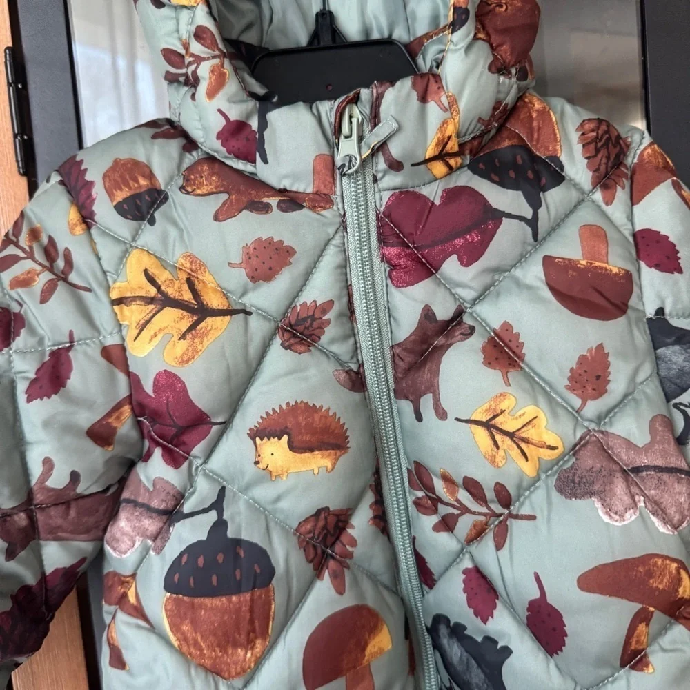 H&M puffer jacket hooded quilted baby boy unisex toddler sage forest animals